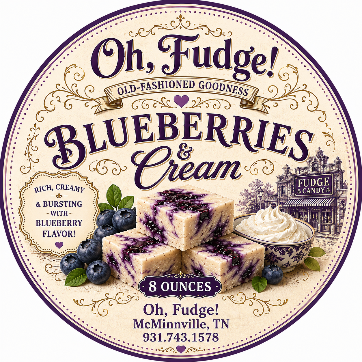 Blueberries & Cream fudge label