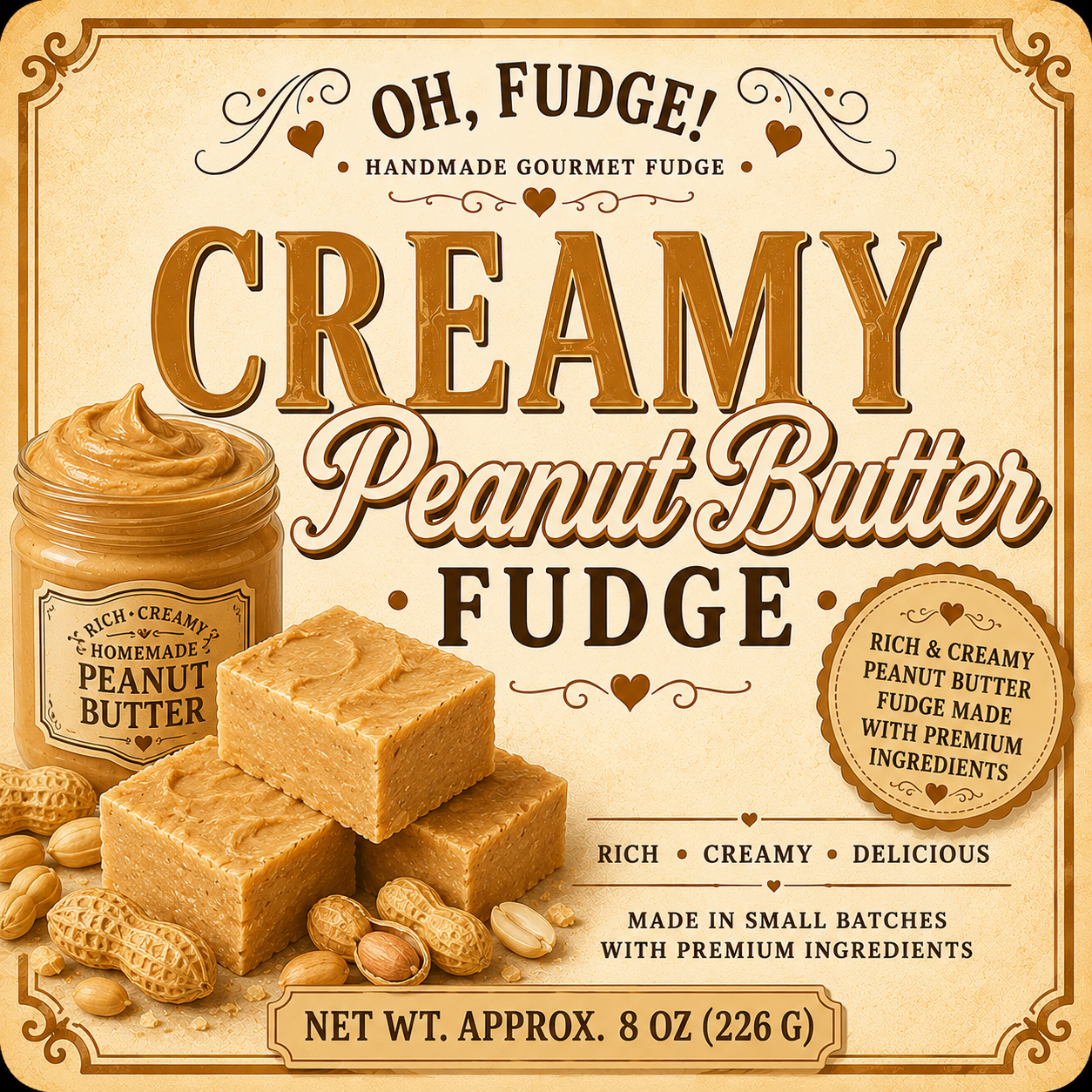 Creamy Peanut Butter fudge label